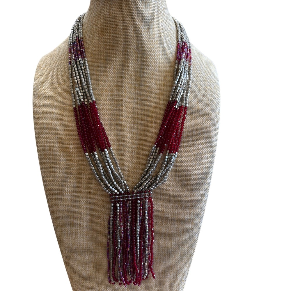 Himalayan Gems Red Crystal Silver Tone Multi Strand Tassel‎ Bib  Necklace